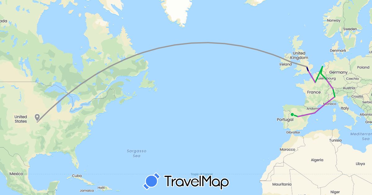 TravelMap itinerary: driving, bus, plane, train in Belgium, Switzerland, Spain, France, United Kingdom, Ireland, Italy, Luxembourg, Netherlands, United States (Europe, North America)